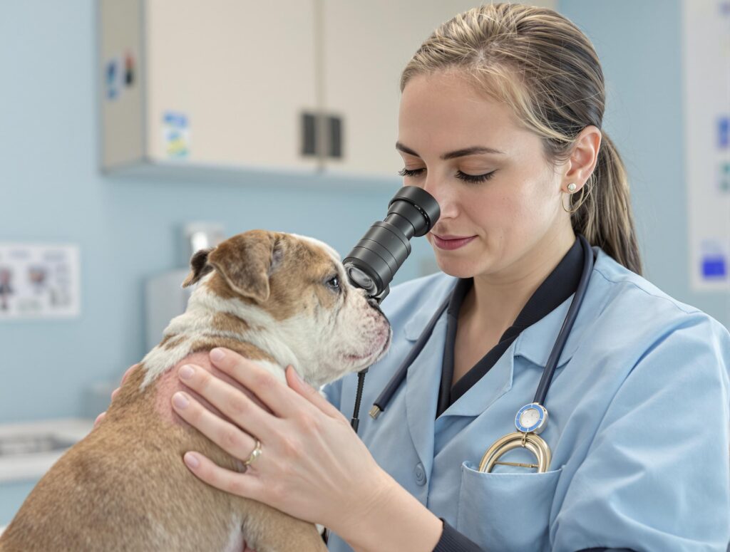 Compassionate veterinarian examines Bulldog puppy for demodectic mange in a clinic.