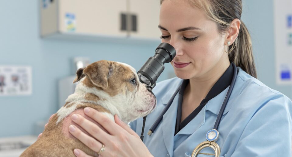 Compassionate veterinarian examines Bulldog puppy for demodectic mange in a clinic.