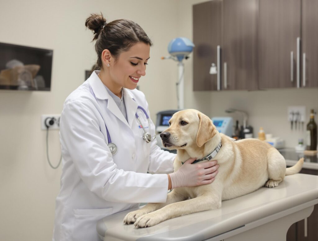Friendly terrier mix dog being dewormed by a veterinarian in a modern clinic setting.