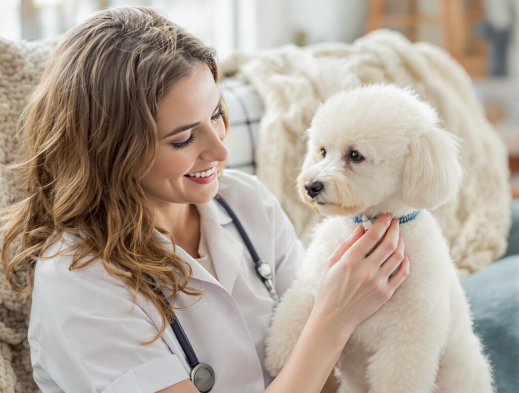 A veterinarian administering insulin to a white miniature poodle, illustrating diabetes care in dogs.