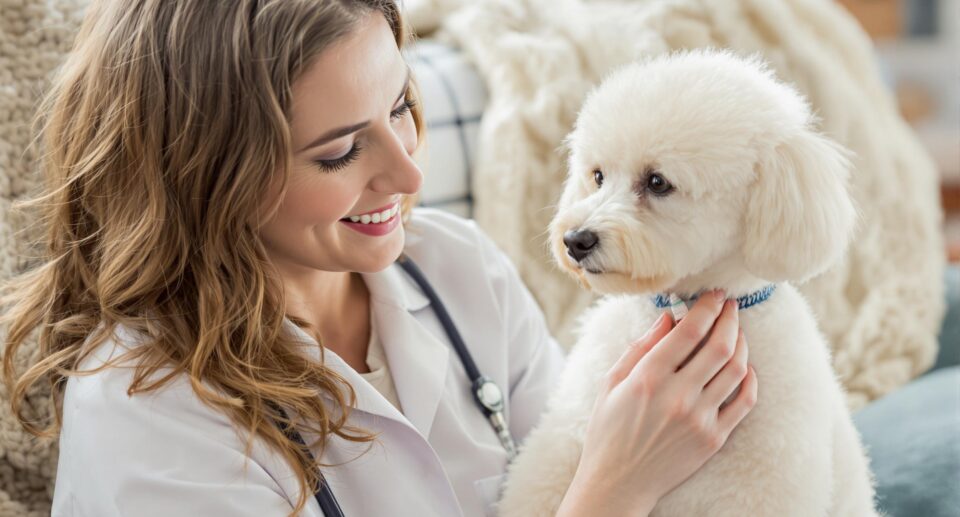 A veterinarian administering insulin to a white miniature poodle, illustrating diabetes care in dogs.