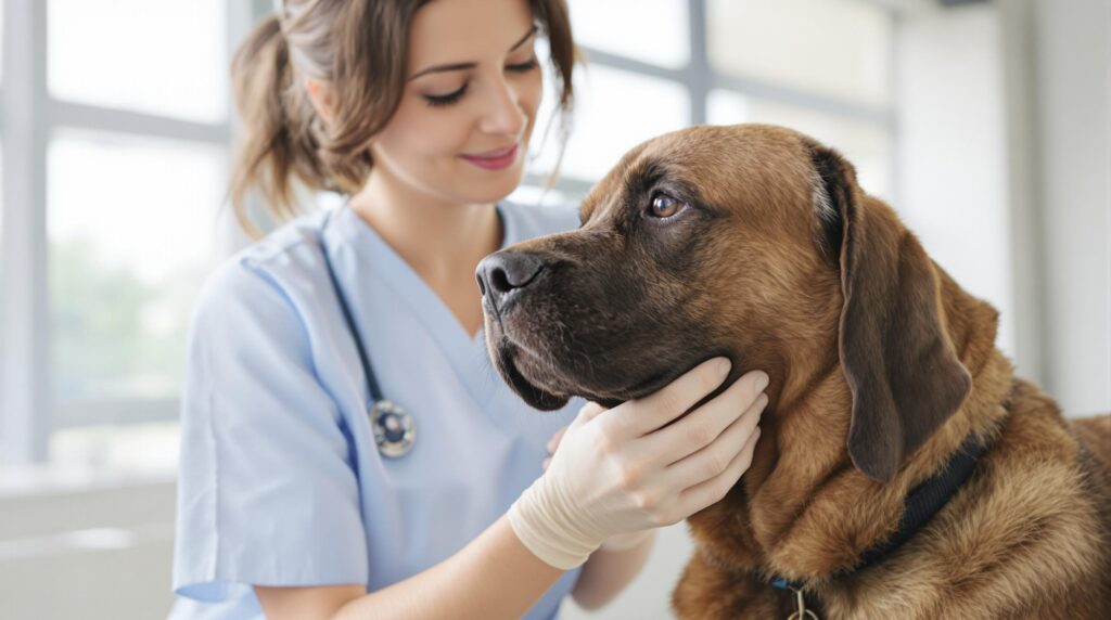 Female veterinarian prepares insulin injection for chocolate-colored dog in diabetes treatment.