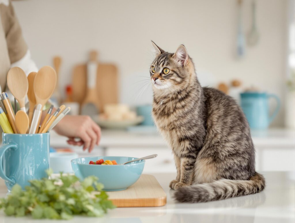 A well-groomed cat on a kitchen counter watches its owner prepare a low-carb meal, symbolizing diabetic remission in cats.