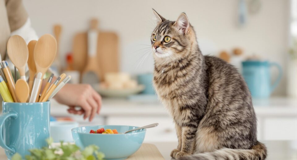 A well-groomed cat on a kitchen counter watches its owner prepare a low-carb meal, symbolizing diabetic remission in cats.