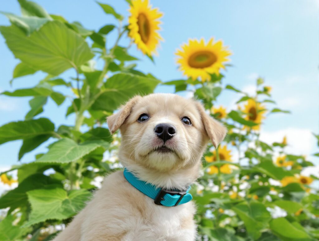 Playful puppy with teal collar in garden, symbolizing growth and vitality, for article on diarrhea in dogs.