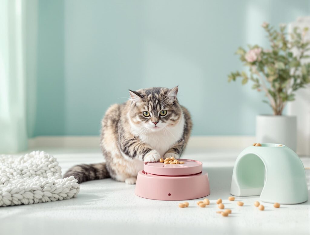 Domestic cat playing with enrichment toys in a minimalist home, highlighting how to discipline a cat through mental stimulation.