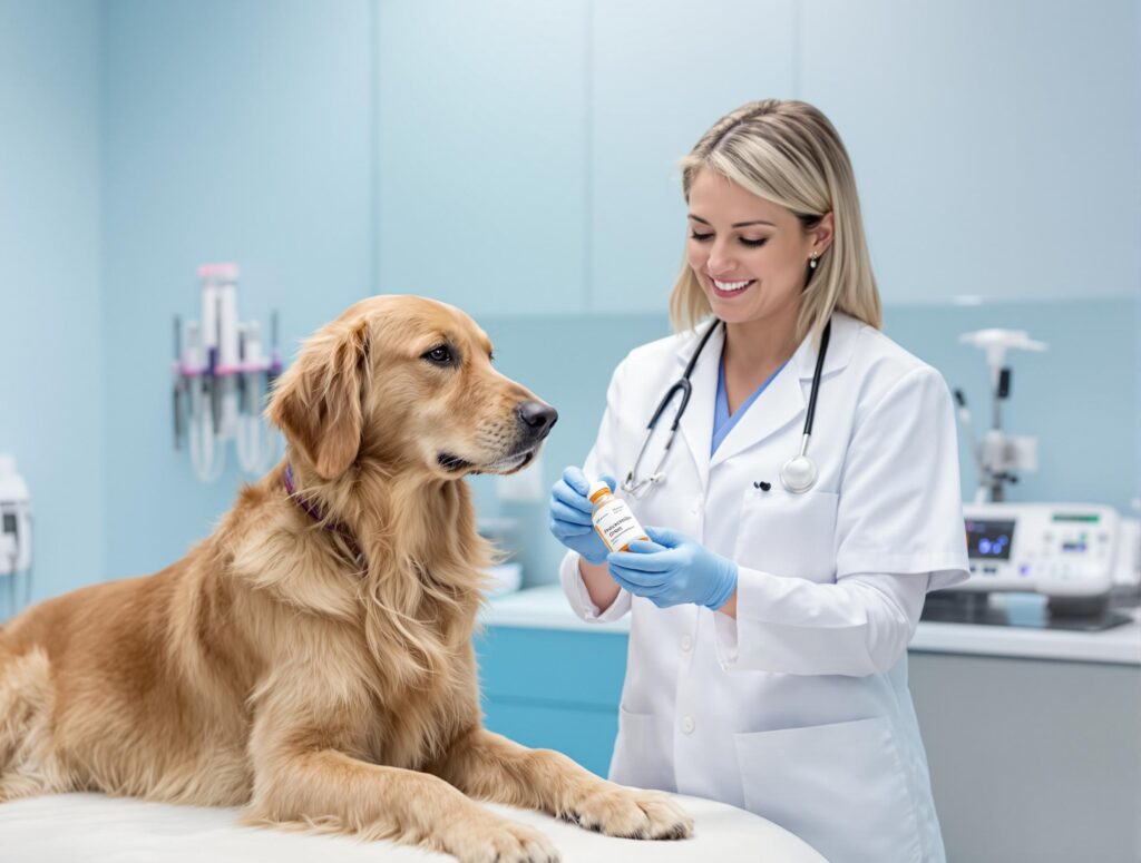 Female veterinarian examines diuretic bottle with golden retriever in modern veterinary office.