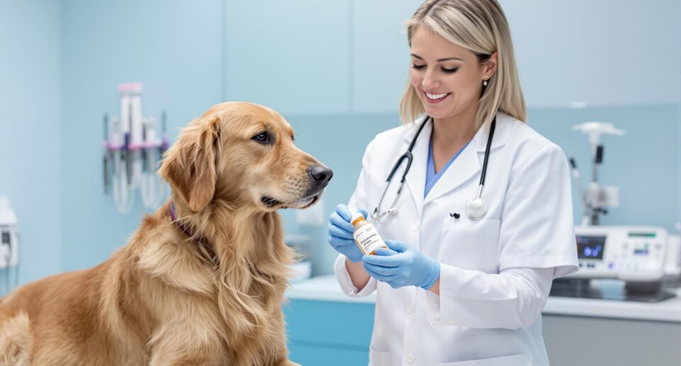 Female veterinarian examines diuretic bottle with golden retriever in modern veterinary office.