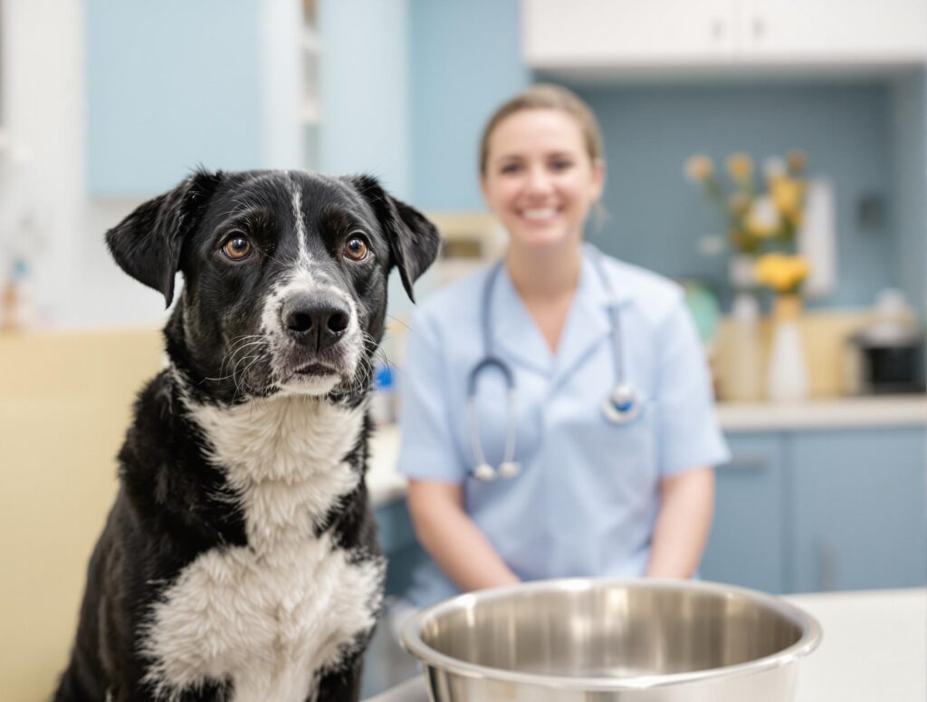 A calm black and white rescue dog beside a water bowl with a compassionate veterinarian in a modern clinic, highlighting diuretics for dogs.