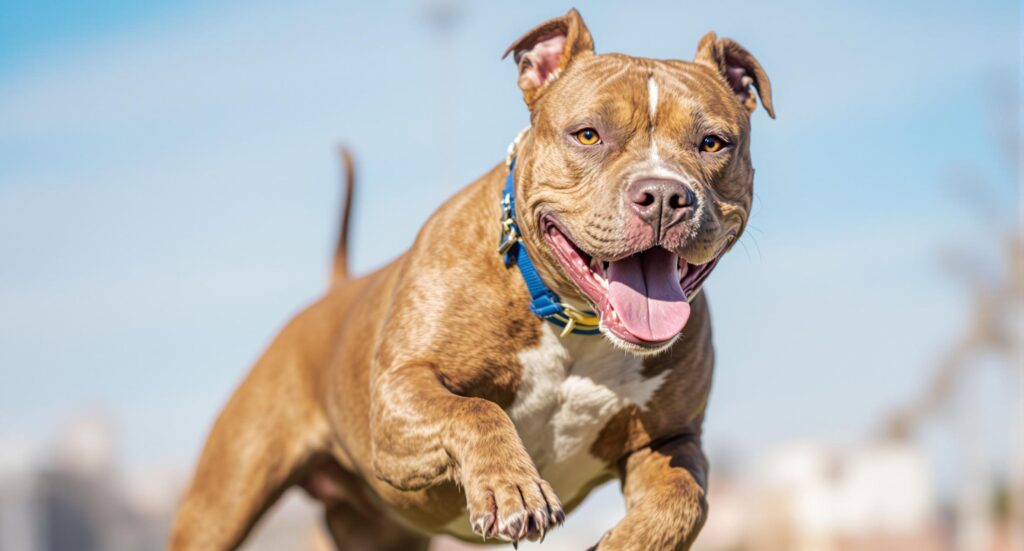 Happy Pit Bull mid-jump displays a secure collar, while also carrying the backup protection of a microchip