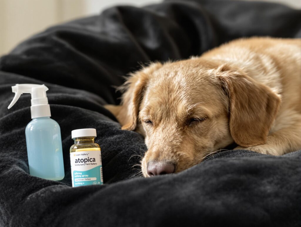 A serene medium-sized dog rests on a black bed with Atopica medication and soothing spray, suggesting allergy relief and pet care.