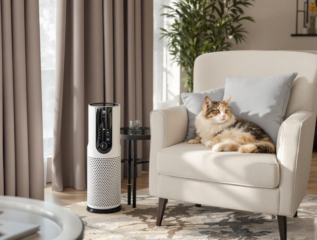 Modern air purifier in a luxury living room with a relaxed cat, ideal for treating dog allergies.