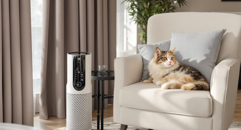 Modern air purifier in a luxury living room with a relaxed cat, ideal for treating dog allergies.