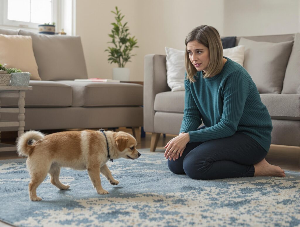Concerned pet owner watches small dog scooting across floor, highlighting symptoms of anal sac problems.