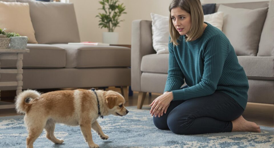 Concerned pet owner watches small dog scooting across floor, highlighting symptoms of anal sac problems.