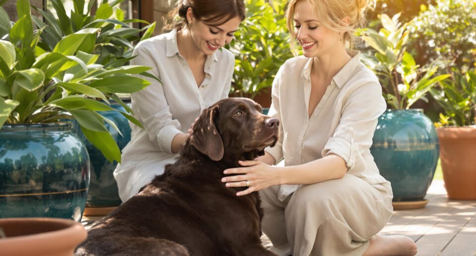 Woman gently massages chocolate labrador's leg for dog arthritis care on sunlit porch.