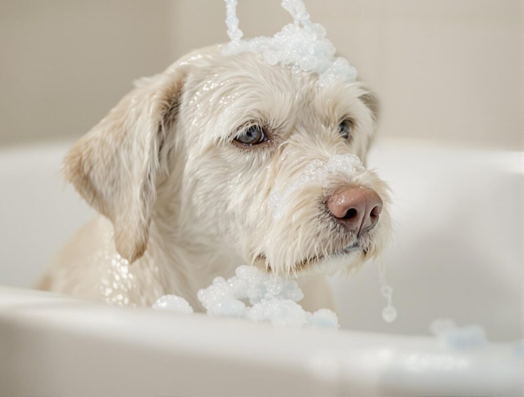 A serene white dog being bathed in a porcelain tub, highlighting dog bath frequency and cleanliness.