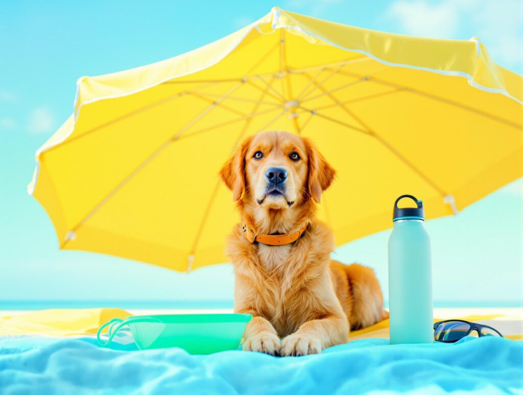Golden retriever under a yellow beach umbrella with travel bowl and water bottle, promoting beach safety for dogs.