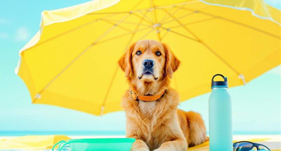 Golden retriever under a yellow beach umbrella with travel bowl and water bottle, promoting beach safety for dogs.