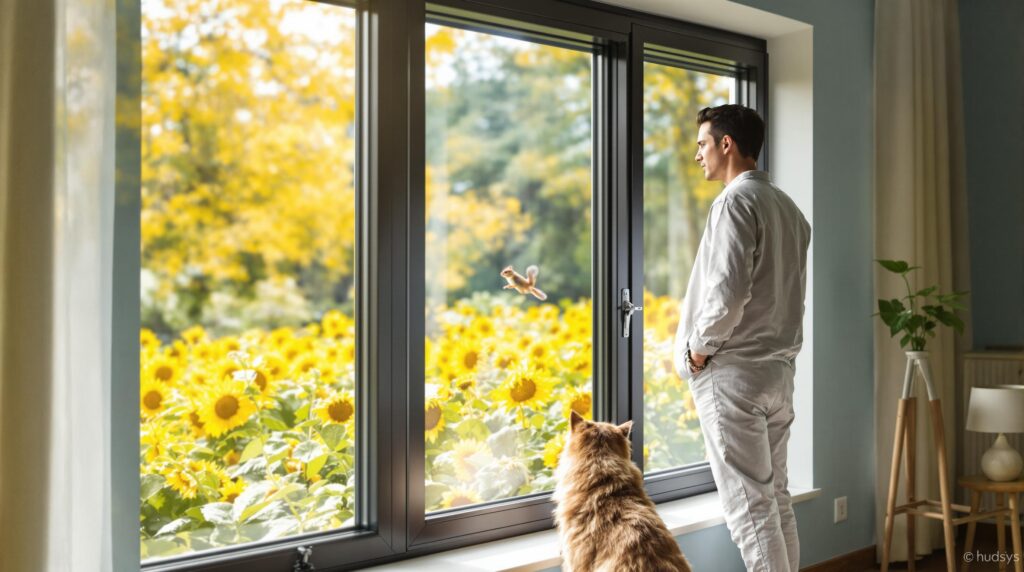Pet owner and dog watch wildlife through window, contemplating what to do if dog is bitten by a wild animal.