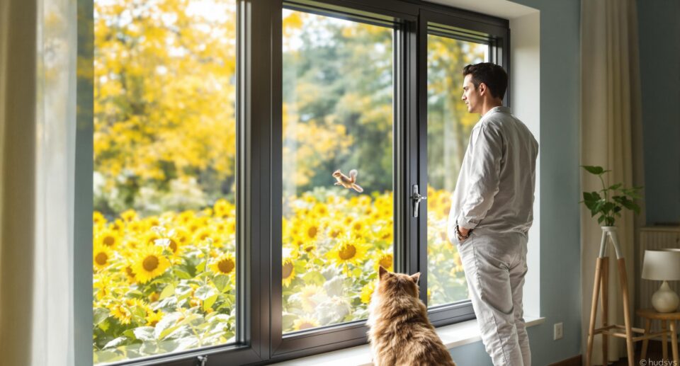 Pet owner and dog watch wildlife through window, contemplating what to do if dog is bitten by a wild animal.