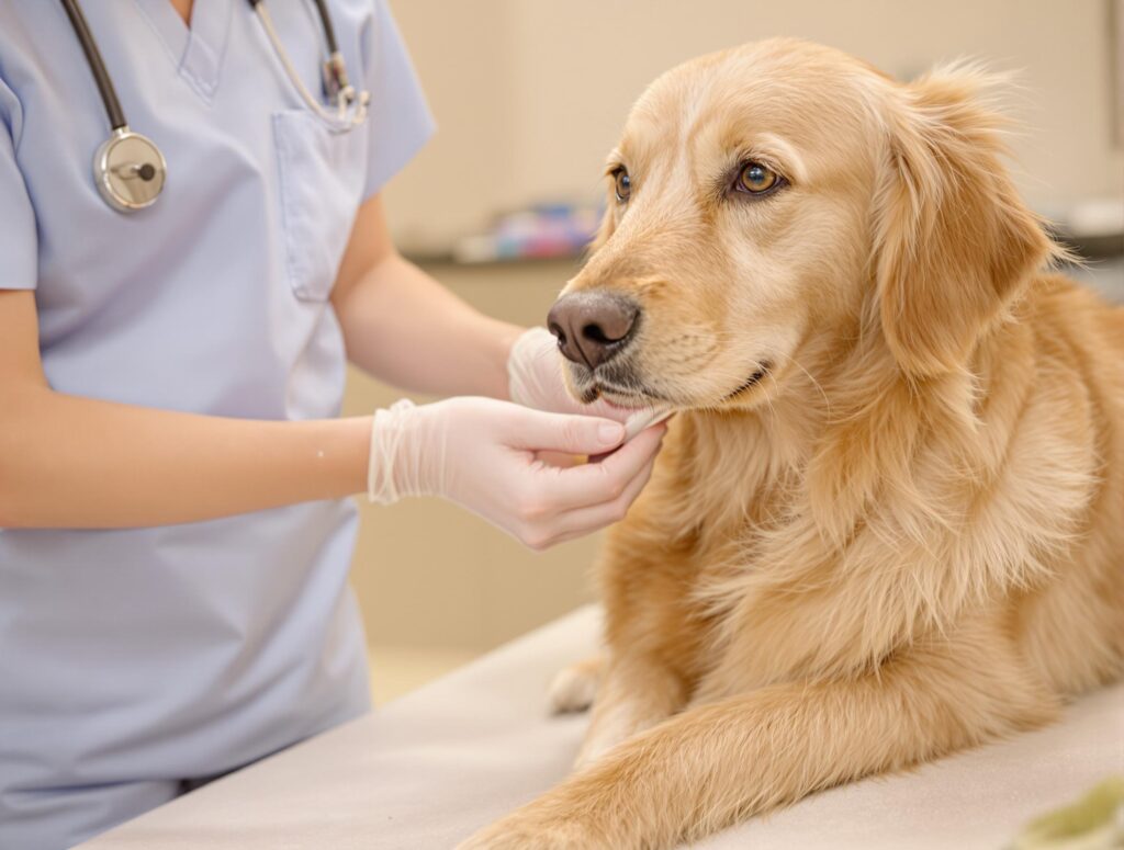 A calm golden retriever on an exam table prepared for blood donation by a veterinarian in blue scrubs.