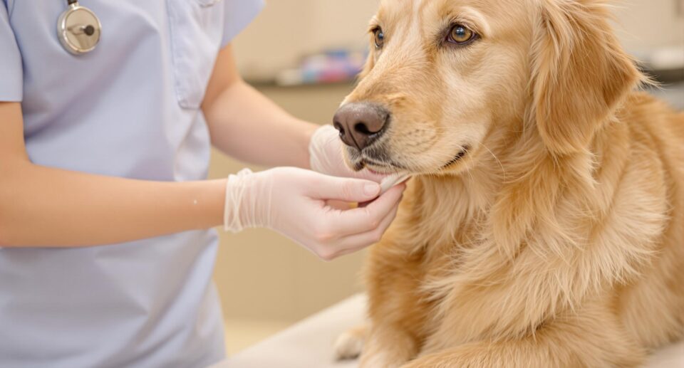 A calm golden retriever on an exam table prepared for blood donation by a veterinarian in blue scrubs.