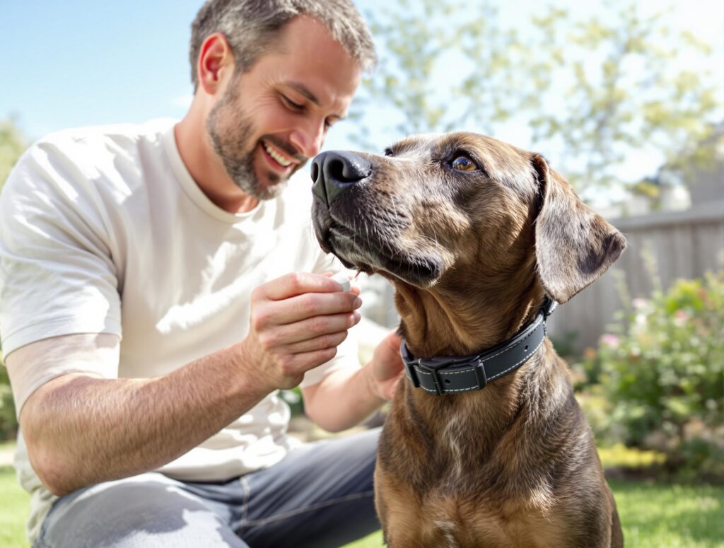A pet owner applies flea and tick medication to a dog, demonstrating how to treat bug bites on dogs.