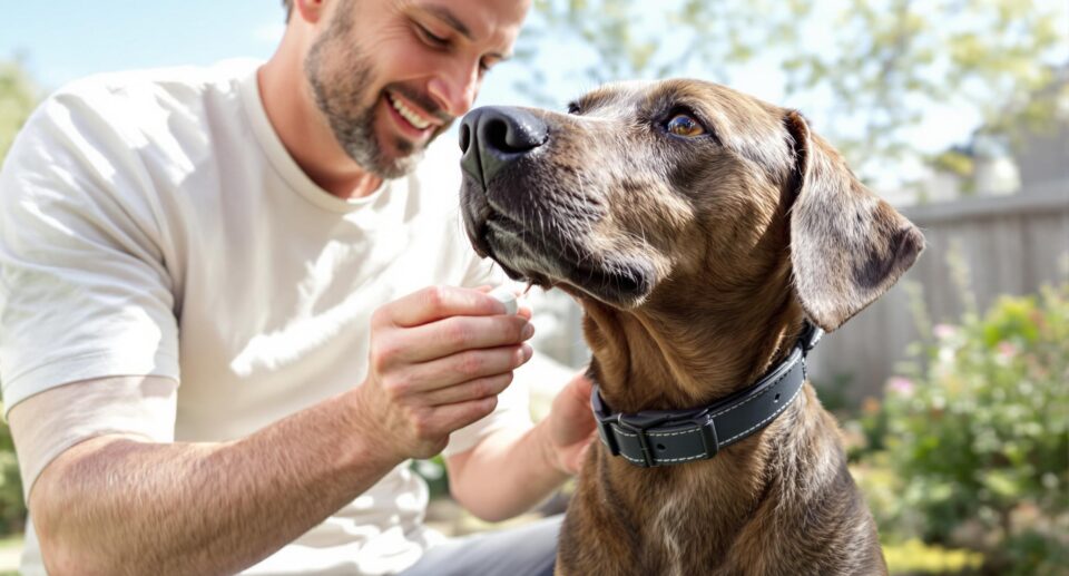 A pet owner applies flea and tick medication to a dog, demonstrating how to treat bug bites on dogs.