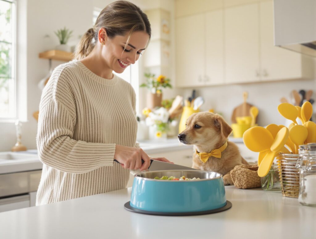 Mid-30s female preparing homemade dog meal in bright kitchen, highlighting pet care products and tips.
