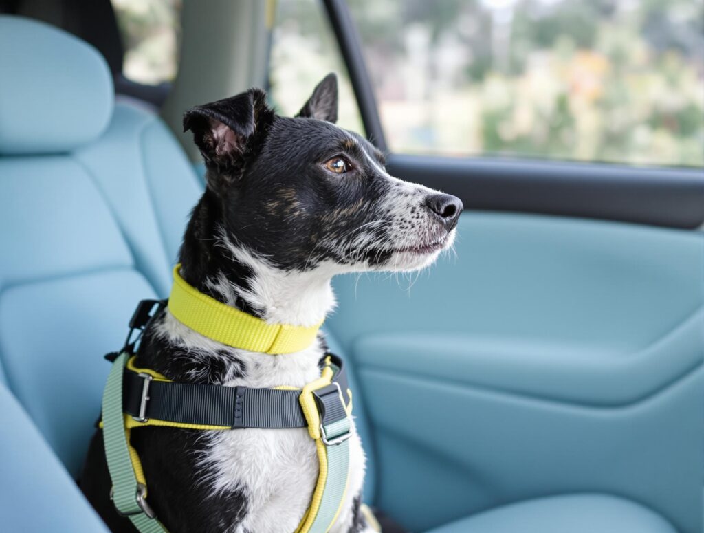 Medium-sized terrier-mix dog in a car, wearing a yellow collar and harness, looking out the window calmly.
