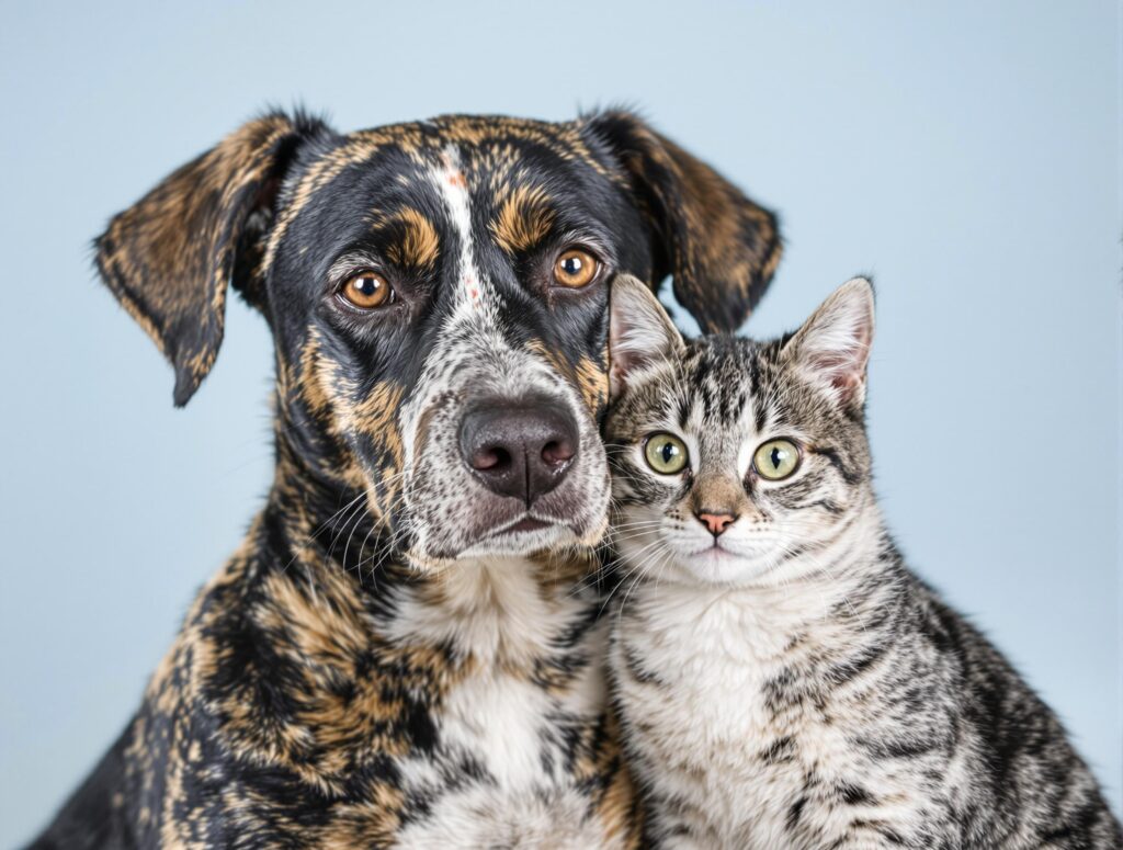 Close-up of a dog and cat showcasing their bond despite hair loss, highlighting pet health and dermatological challenges.