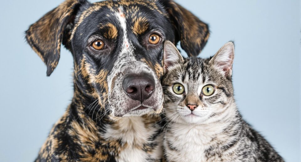 Close-up of a dog and cat showcasing their bond despite hair loss, highlighting pet health and dermatological challenges.