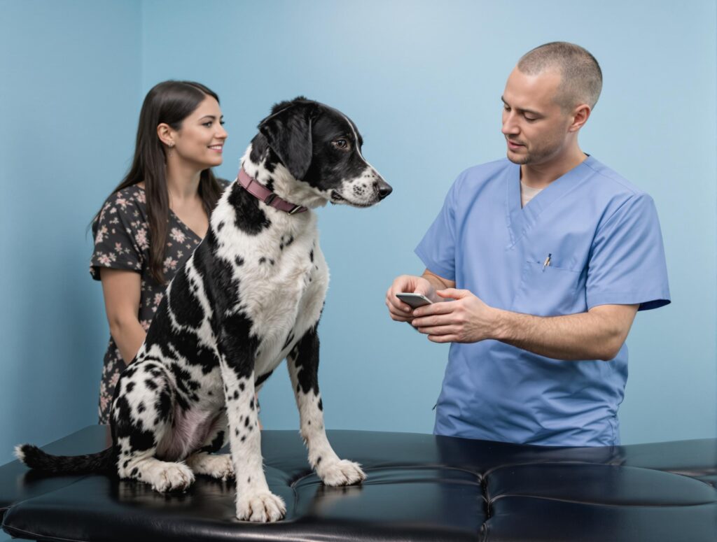 A medium-sized black and white spotted dog sits on a veterinary exam table with a vet and owner, conveying trust and care during a chemotherapy consultation.
