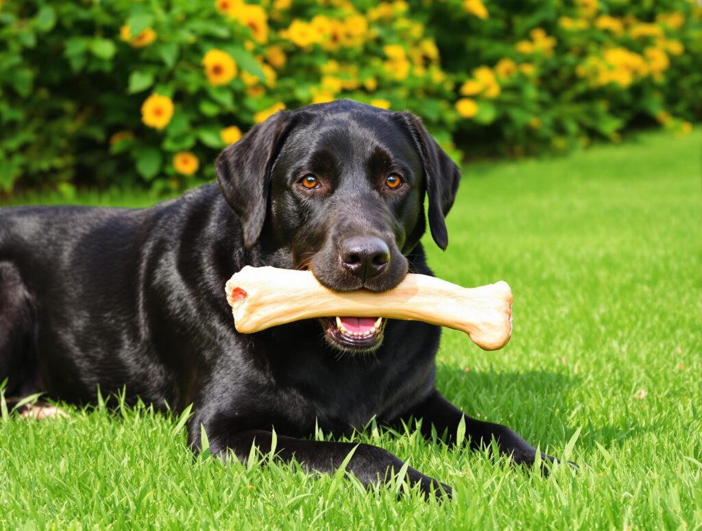Black Labrador retriever joyfully chewing a raw bone in a lush backyard, showcasing canine health and happiness.