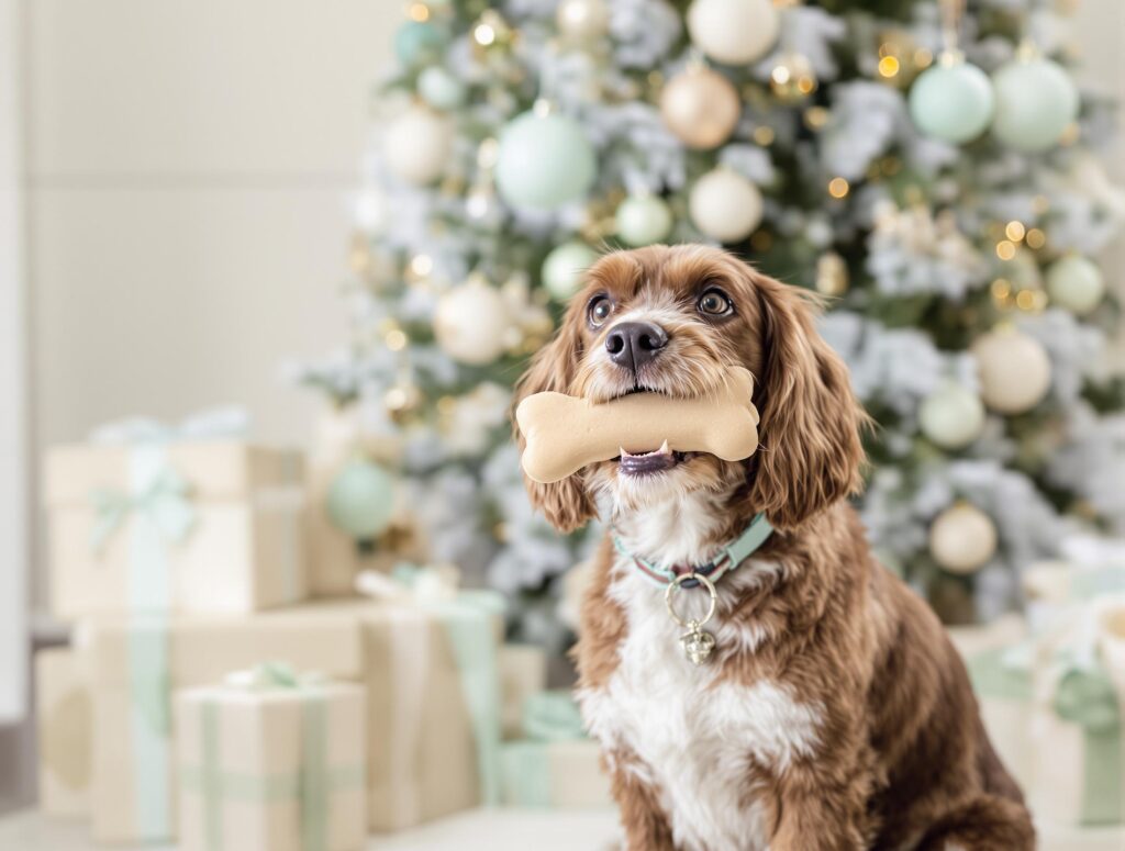 A joyful terrier gnawing a bone-shaped treat by a decorated Christmas tree.