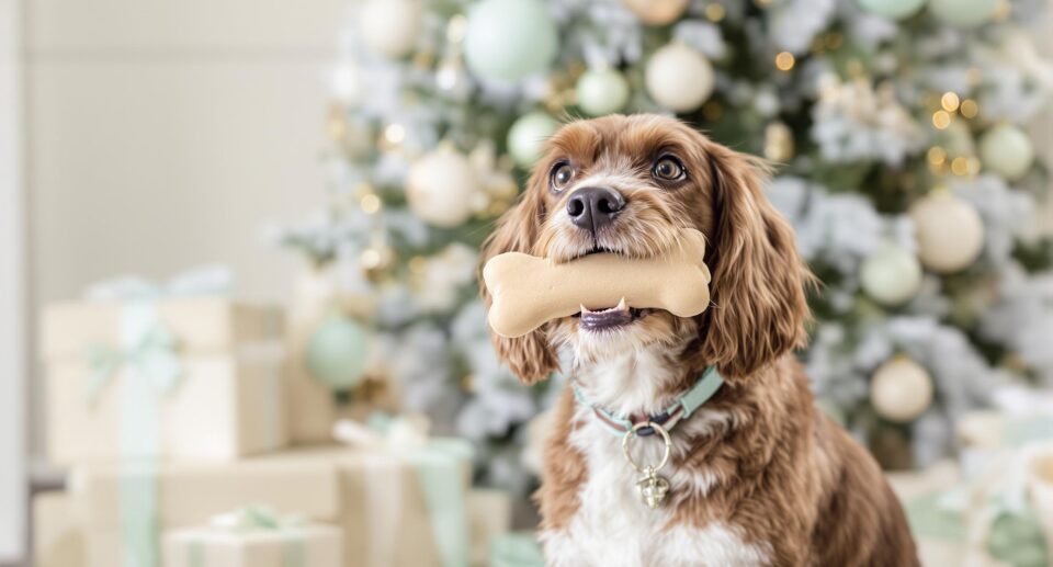 A joyful terrier gnawing a bone-shaped treat by a decorated Christmas tree.