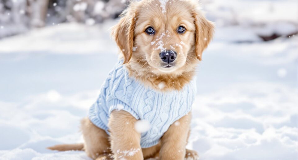 Golden retriever puppy in blue sweater sitting on snow, emphasizing dog cold weather safety.