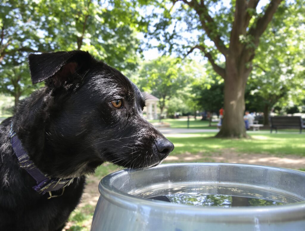 Medium-sized dog cautiously approaches a communal water bowl in a serene dog park.