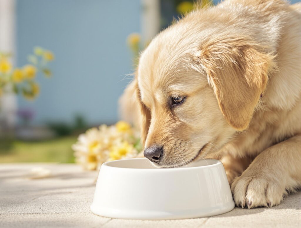 Golden retriever puppy drinking clean water from a ceramic bowl, highlighting safe hydration for dogs.
