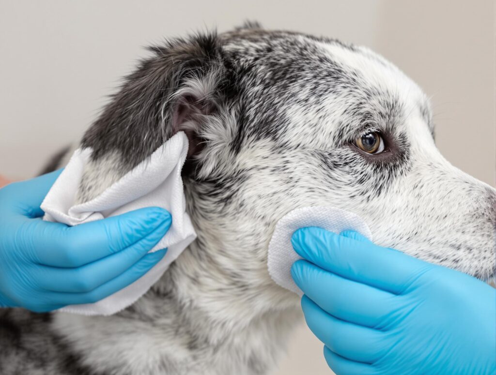 A veterinary professional gently cleans a medium-sized dog's ear with a cotton pad and ear solution, highlighting expert pet healthcare.