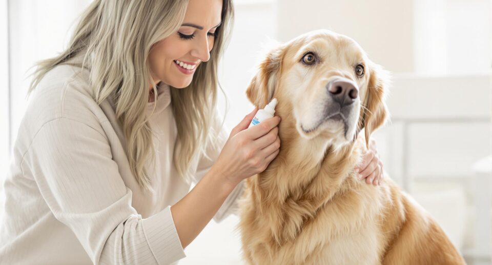 Woman gently cleans golden retriever's ears to prevent dog ear infections.