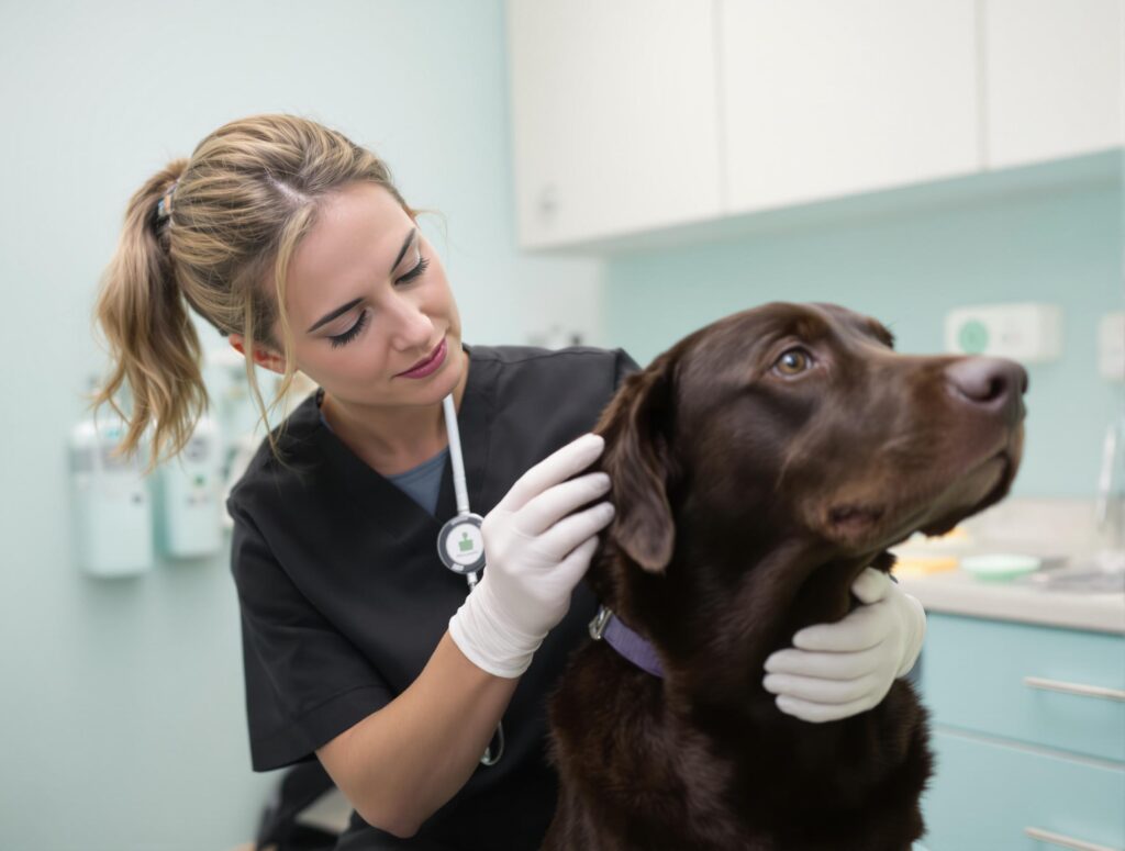 Female veterinarian examines chocolate Labrador's ear to prevent and treat dog ear infections.