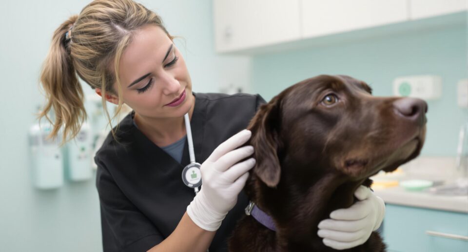 Female veterinarian examines chocolate Labrador's ear to prevent and treat dog ear infections.