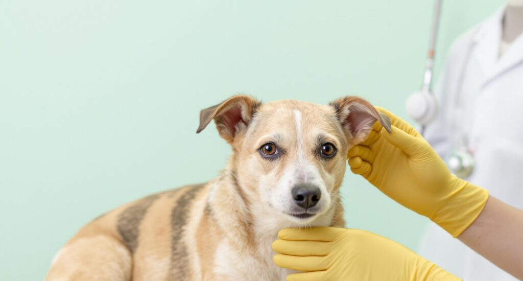 A veterinarian in yellow gloves examines a calm terrier mix's ears for infection on a veterinary table.