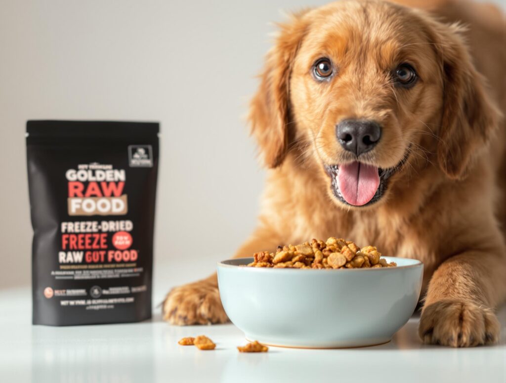 Cheerful dog eating freeze-dried raw food