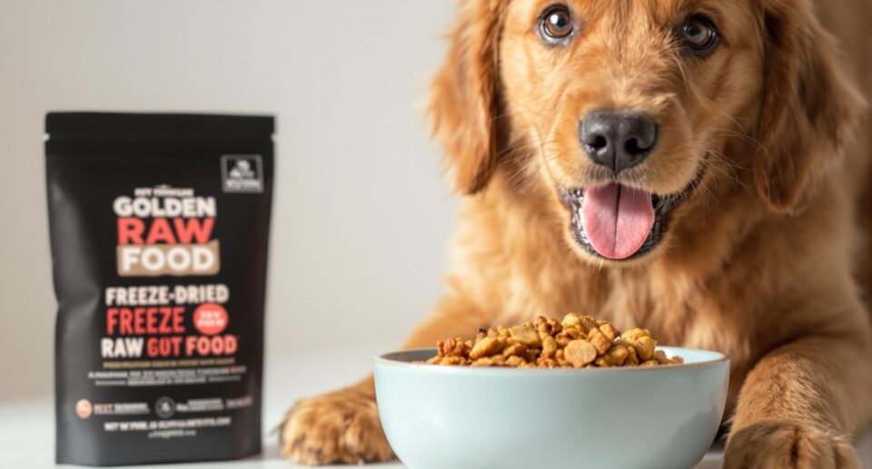 Cheerful dog eating freeze-dried raw food