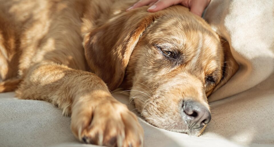 Close-up of a weary Labrador or Spaniel resting on a couch, highlighting signs of fever in dogs.