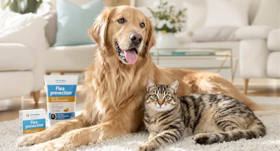 A serene living room scene featuring a relaxed golden retriever and tabby cat on a rug, highlighting effective dog flea prevention.