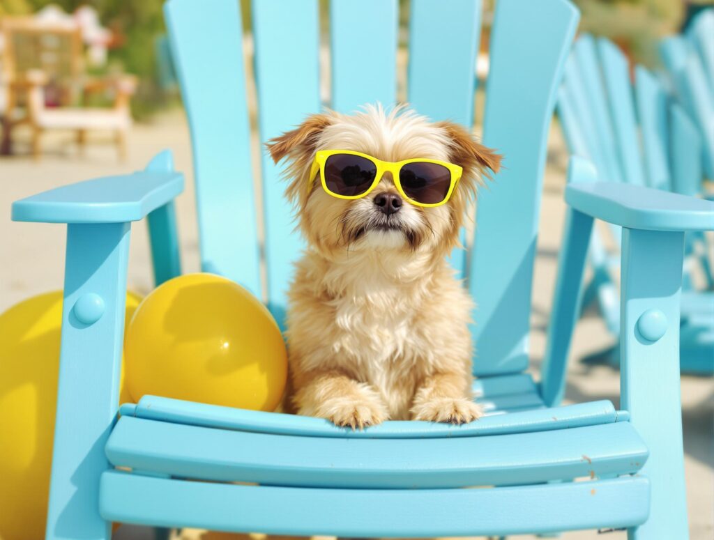 Playful small dog on beach chair with sunglasses, highlighting the need for flea and tick prevention.